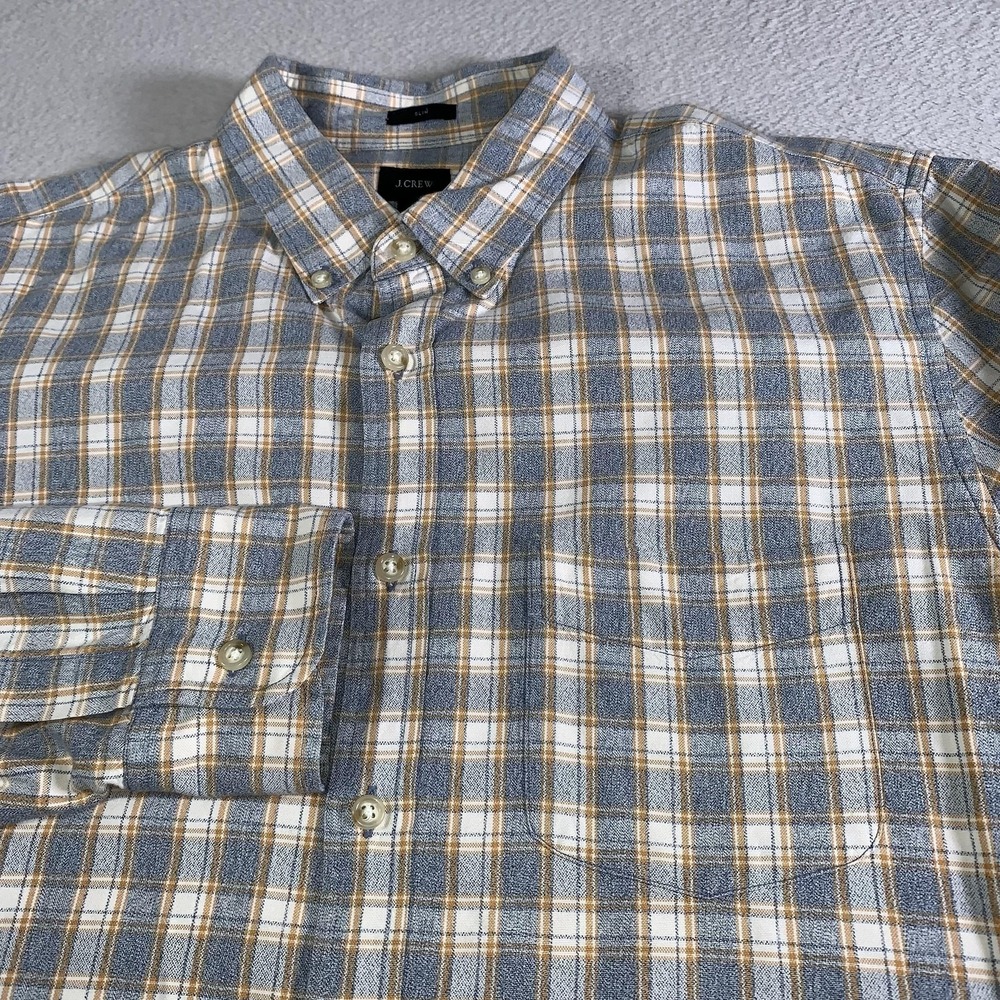 J.Crew Shirt Mens Large Blue Beige Plaid Flannel Slim Long Sleeve Button Down